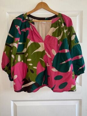 Velvet By Graham & Spencer Floral Palm Cotton/Silk Blend 3/4 Sleeve Pullover  L